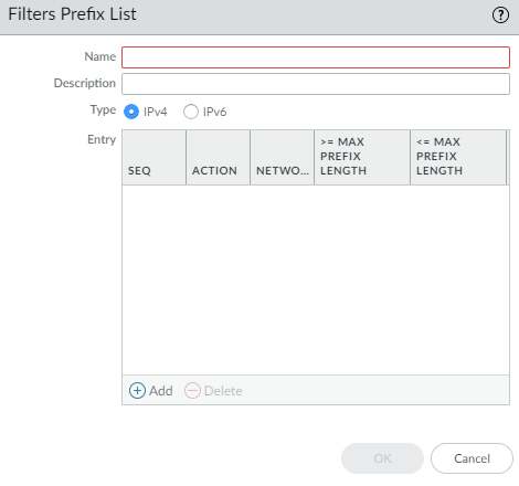 Prefix List configuration main window.